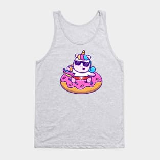 Cute Unicorn Swimming With Donut Balloon And Holding Juice Tank Top